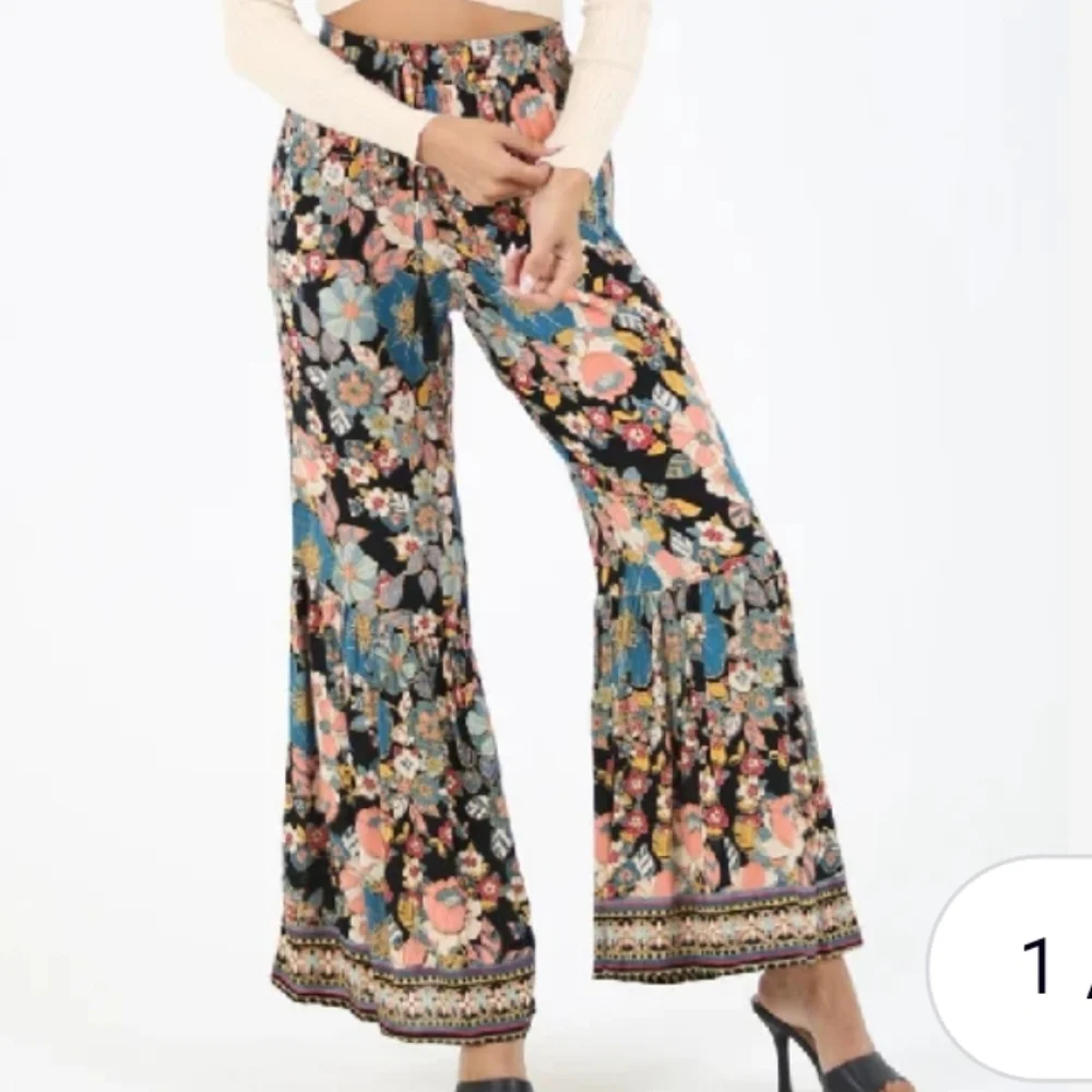 Angie Floral Wide-Leg Beach Flowy Pants Size Large Black Floral Peach Blue Multi - Picture 1 of 16